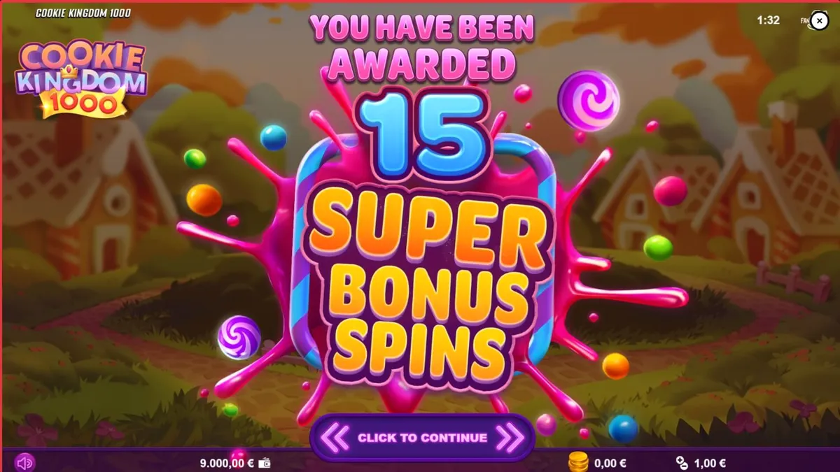 Tampilan visual ceria dari slot Cookie Kingdom 1000 dengan tema permen dan kue.