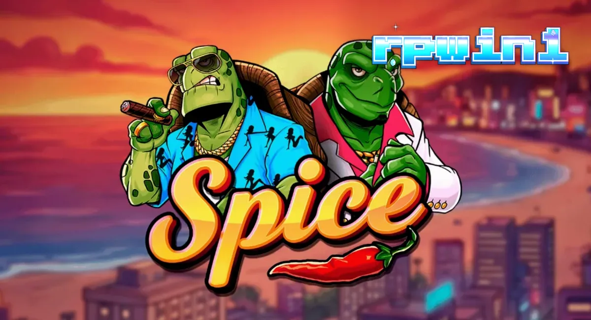 Tampilan visual slot Spice dengan tema kura-kura dan estetika neon.